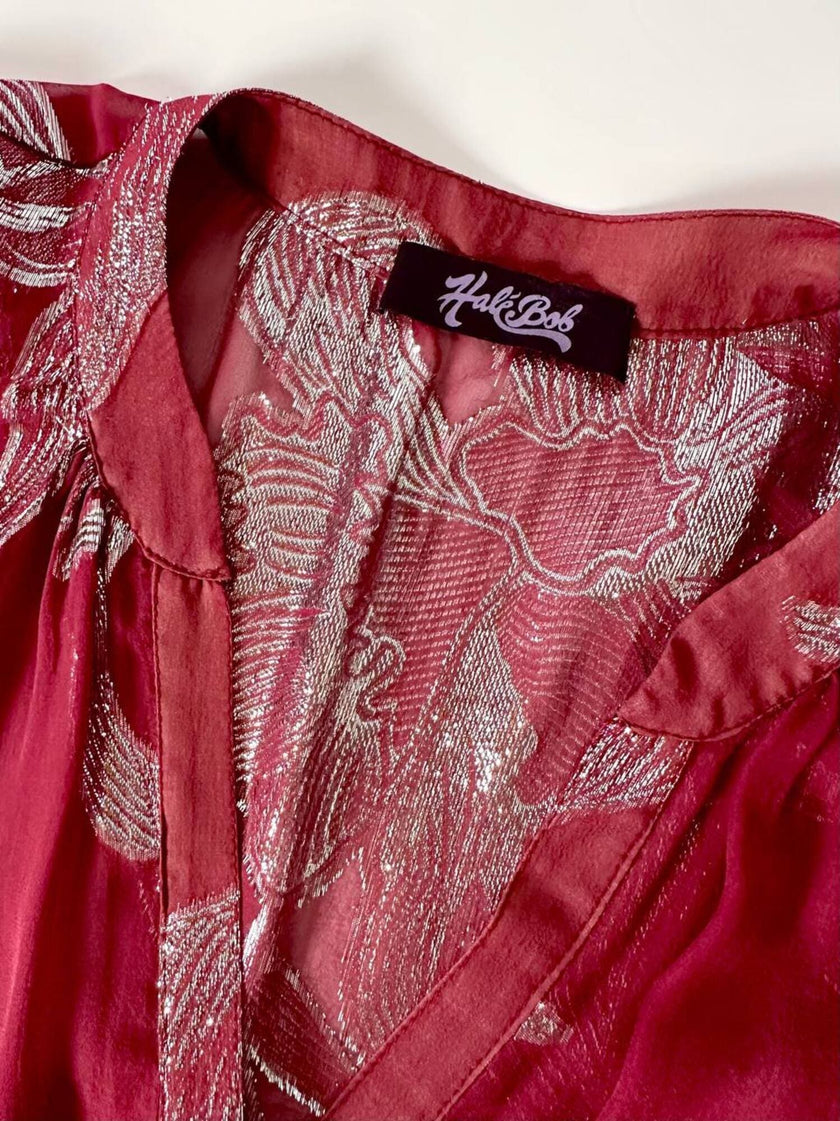 Blusa vintage Hale Bob in chiffon bordeaux fantasia floreale in lamé argento