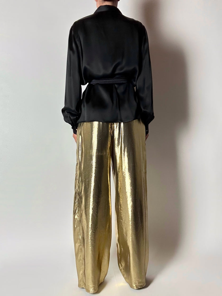 Pantalone vintage Yves Saint Laurent Rive Gauche a palazzo in seta lamé oro