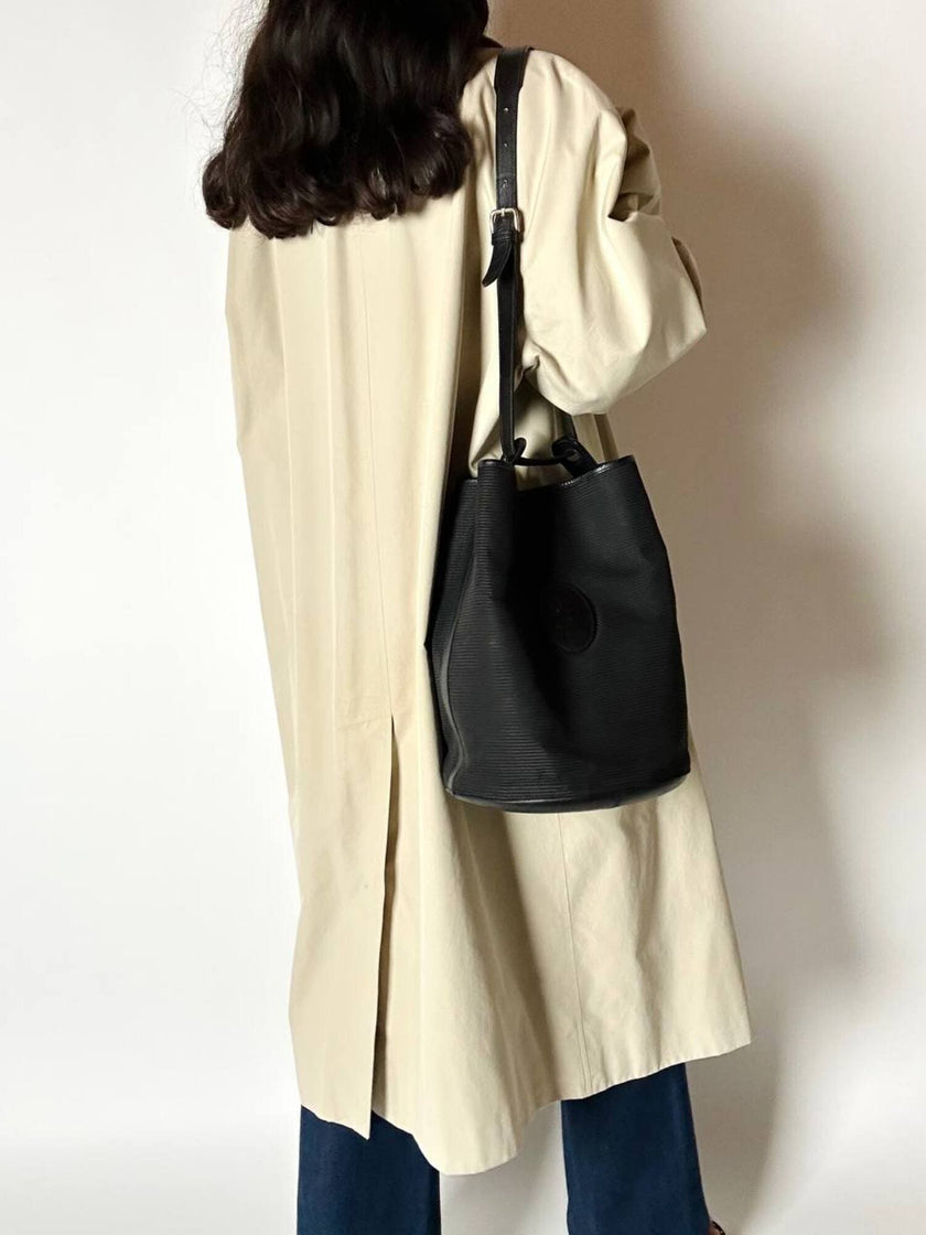 Secchiello vintage Yves Saint Laurent in tessuto nero millerighe con riporti in pelle