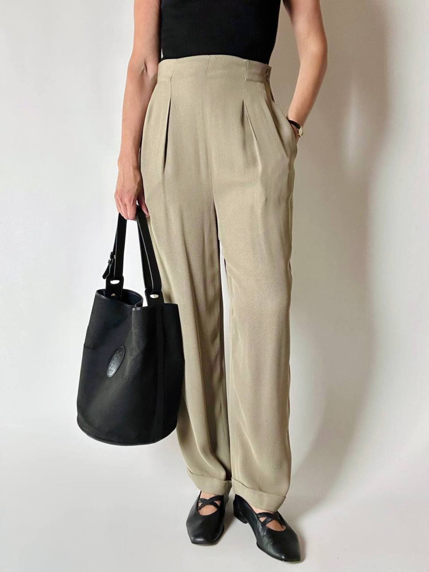 Vintage high-waisted Emporio Armani trousers in khaki Fil-à-Fil fabric