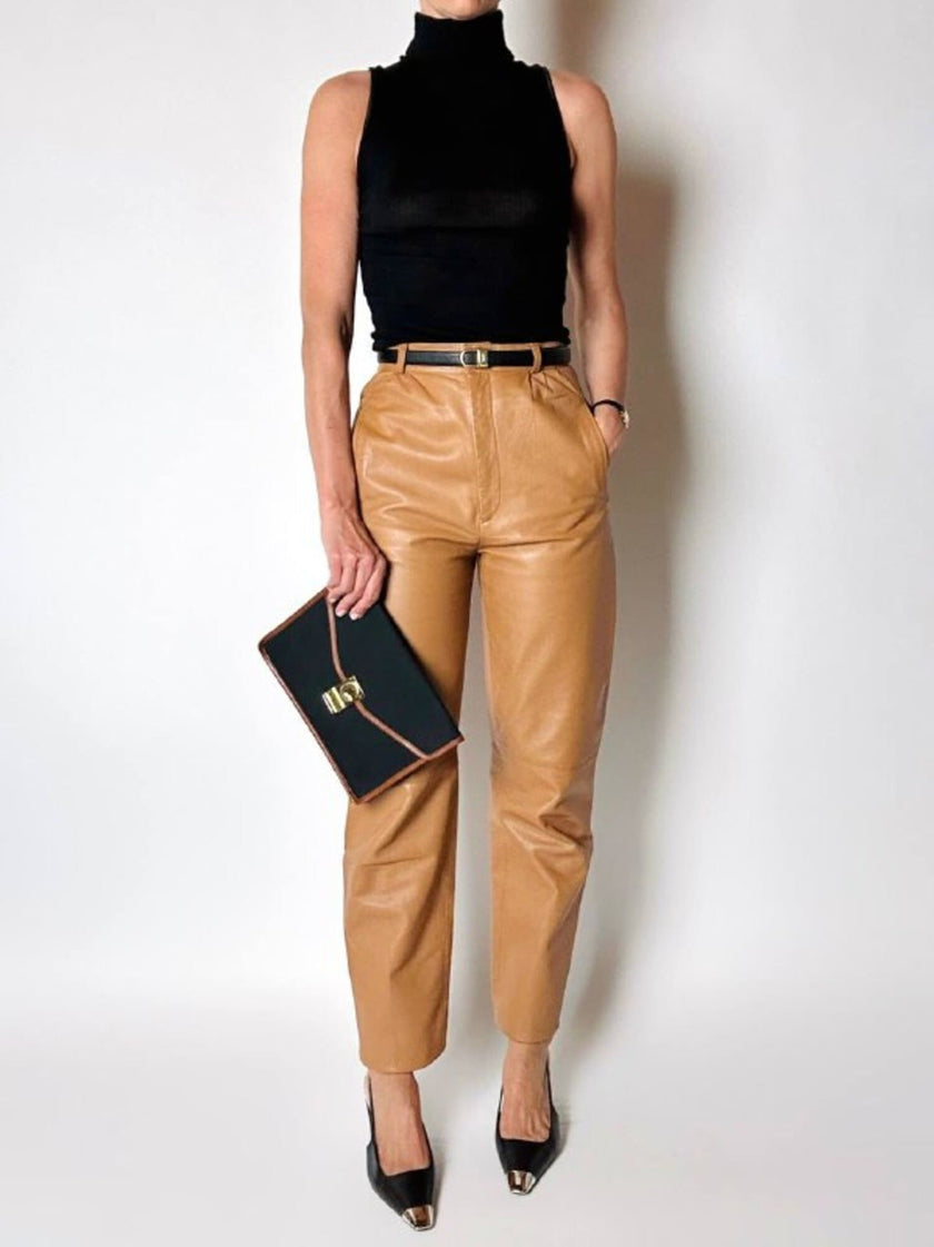 Vintage high-waisted tan leather trousers by Modissa