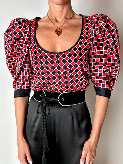 Blusa vintage Yves Saint Laurent fantasia Arlecchino con maniche a palloncino