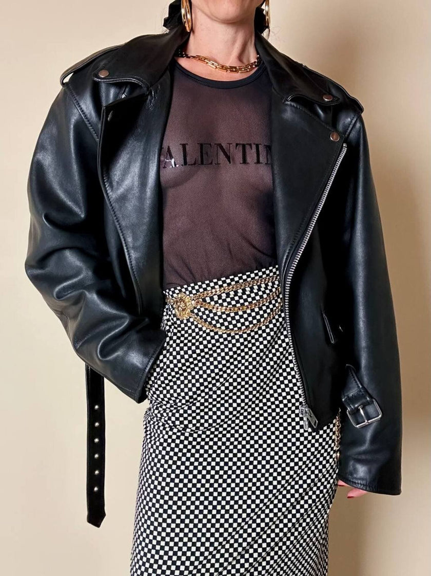 Giacca biker vintage in pregiata pelle nera con fodera trapuntata