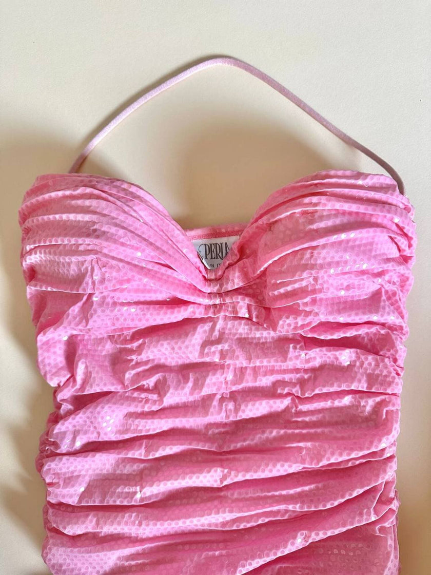 Mini dress rosa in tessuto stretch con micro paillettes trasparenti termo-adesive “La Perla”