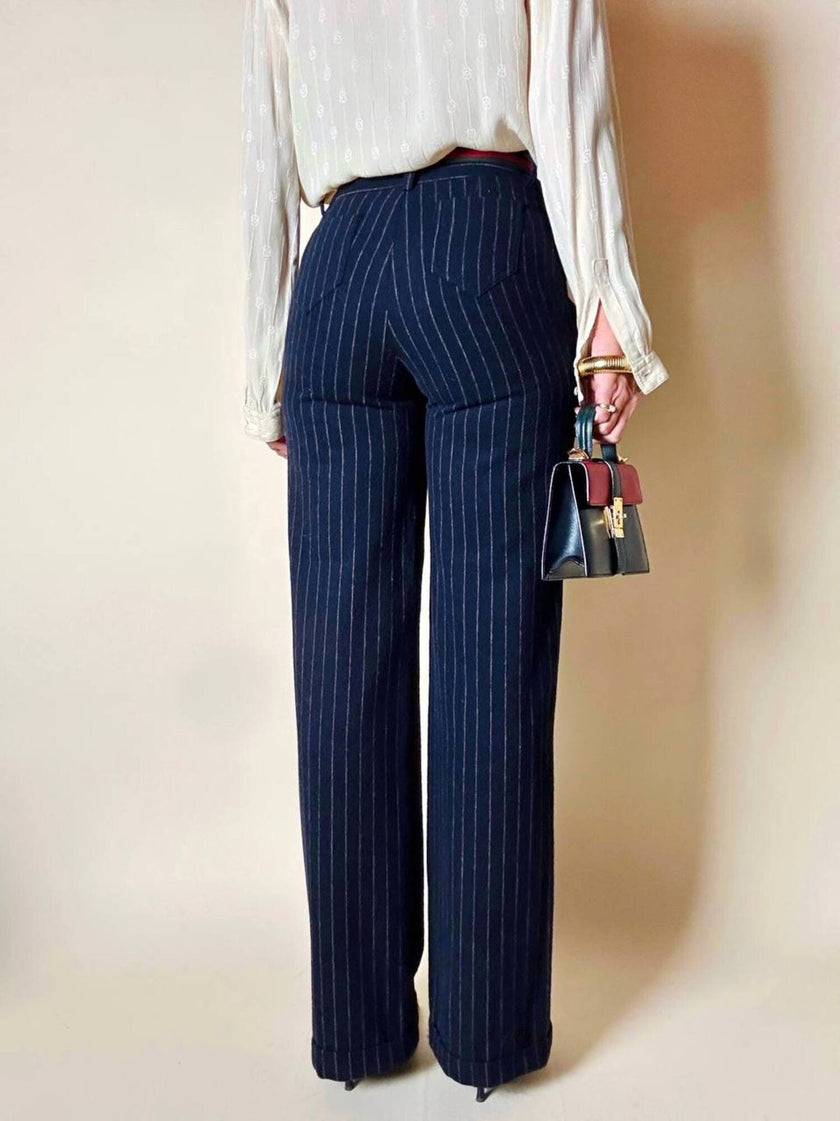 Pantalone a vita alta DOU DOU modello sailor in lana gessata blu notte