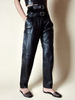 Pantalone vintage in pelle e camoscio nero a vita alta con doppie cinture