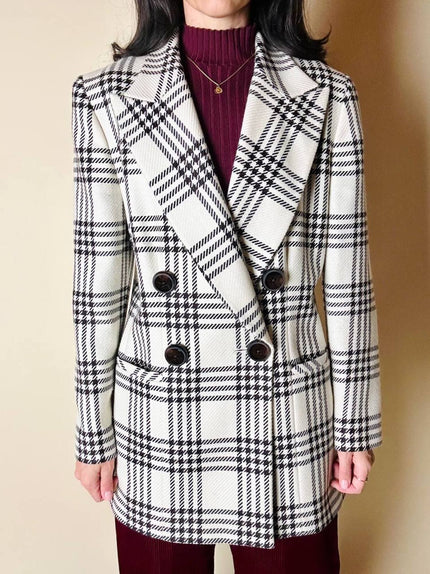 Blazer vintage Gai Mattiolo doppiopetto in lana panna con fantasia principe di Galles testa di moro