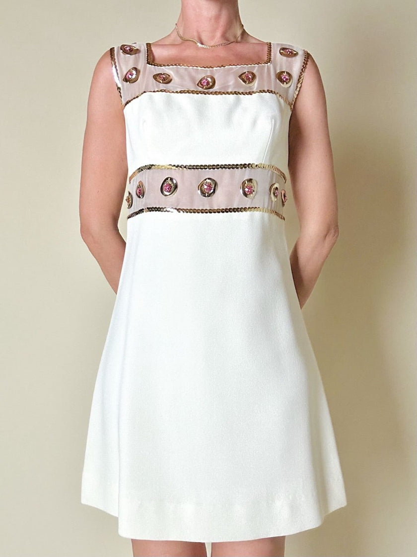 Mini dress bianco con inserti di organza ricamati in paillettes “Luis Mari”