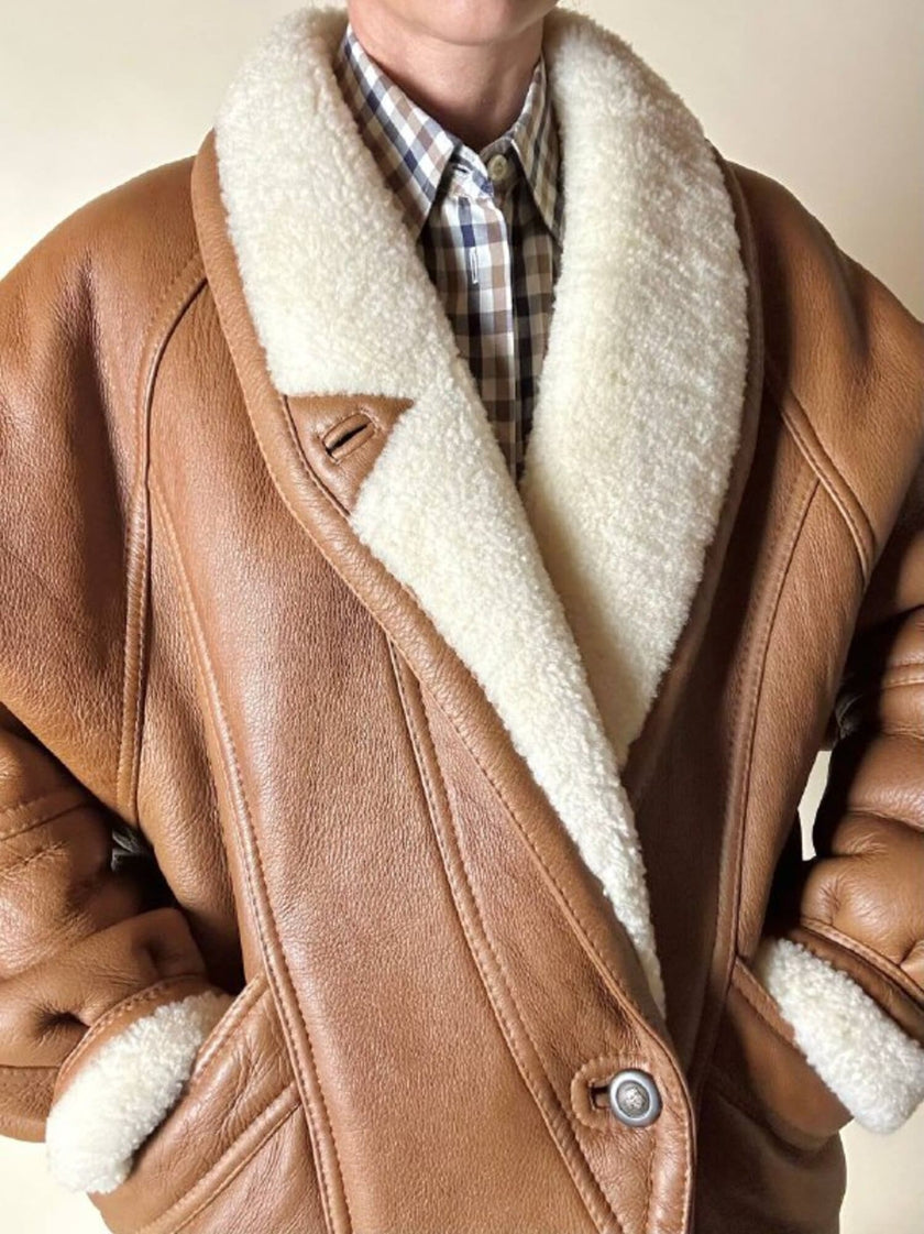 Schearling doppiopetto in pelle color cuoio con vello naturale Shearling Original