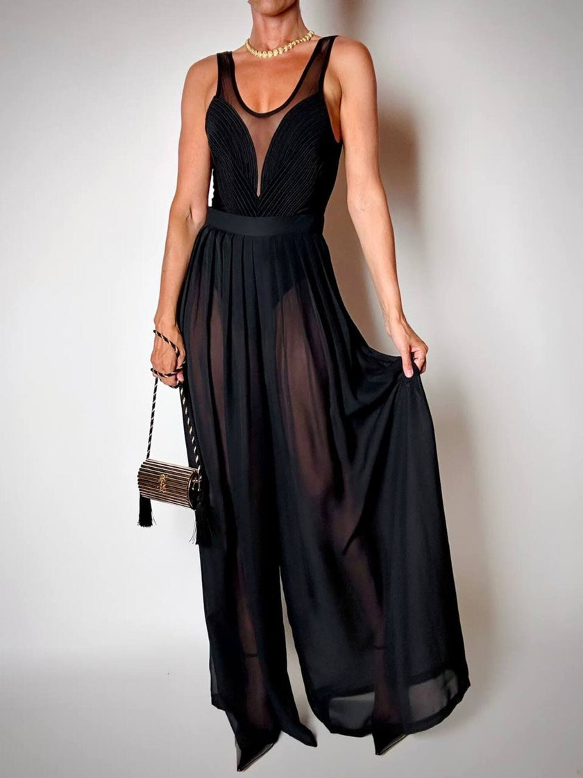 Schwarze Palazzo-Hose mit hoher Taille aus Voile