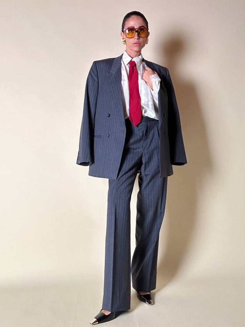 Tailleur gessato in lana grigio antracite “Yves Saint Laurent”