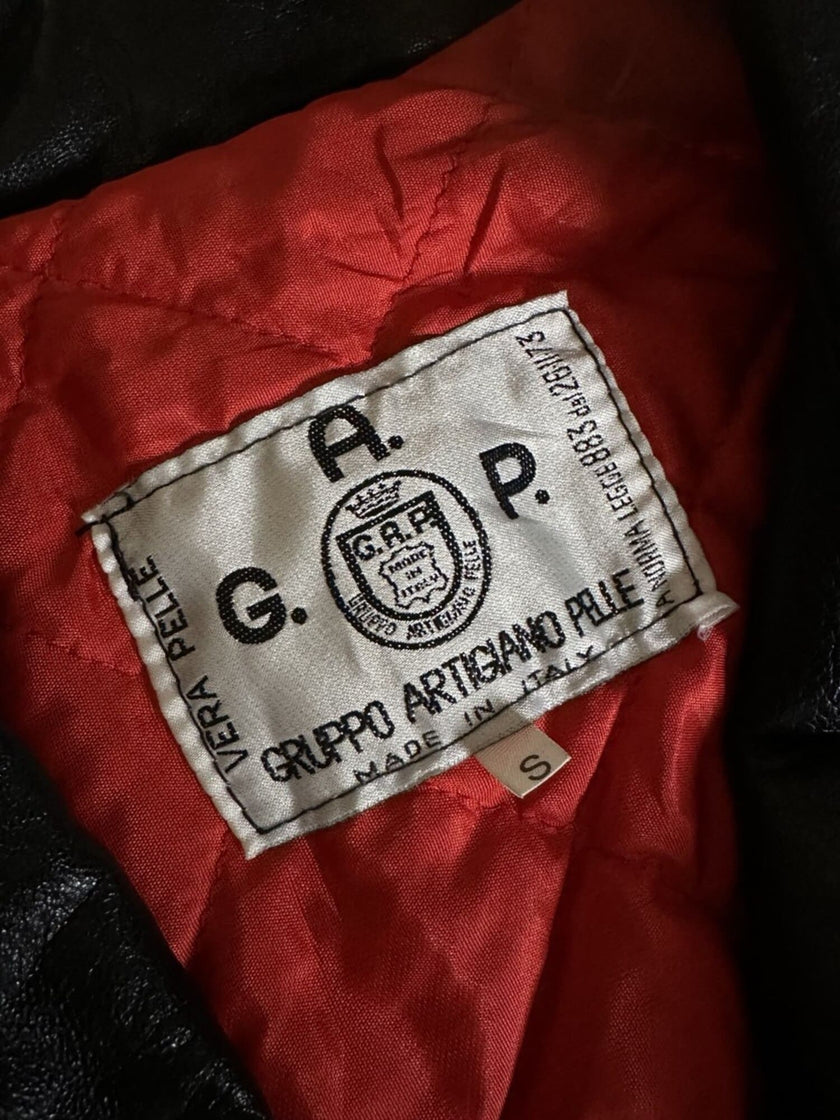 Giacca biker in pelle nera con fodera trapuntata rossa G.A.P. Gruppo Artigiano Pelle