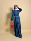 Abito lungo blu lavagna in tessuto Jacquard con motivo Damier