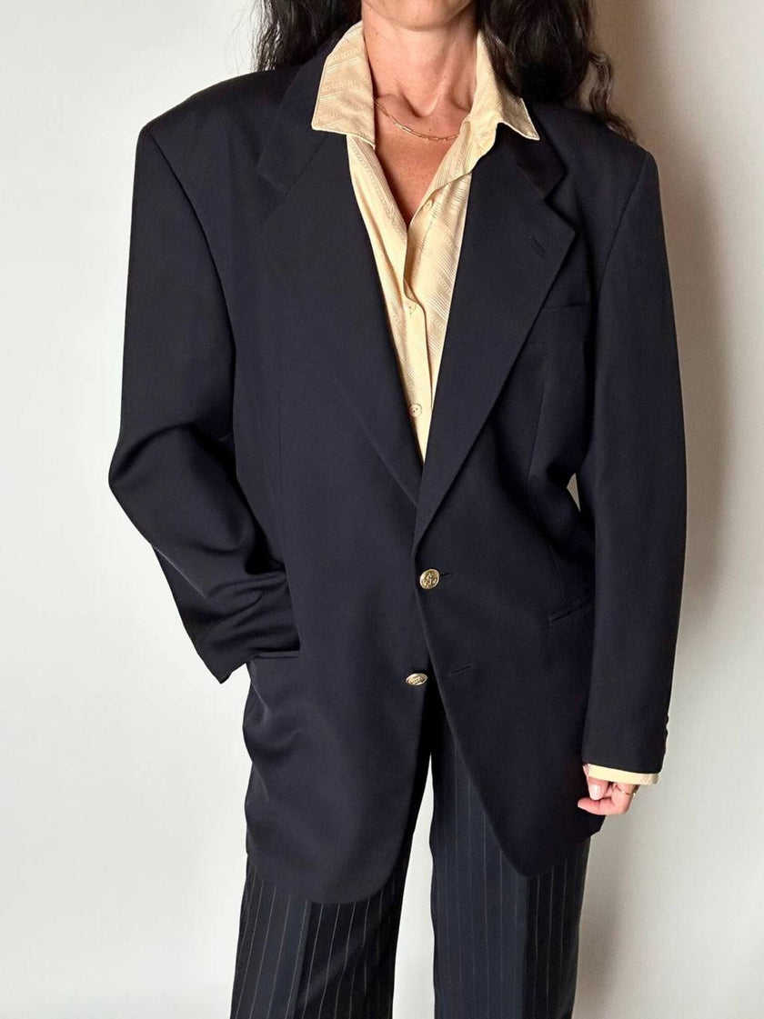 Blazer vintage Enrico Coveri You Young in rasato di lana blu notte con bottoni dorati