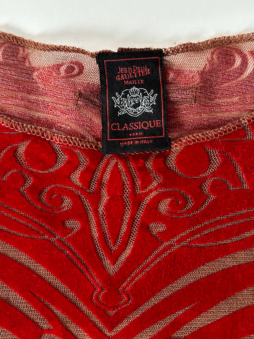 Maglia vintage Jean Paul Gaultier in mesh con stampa in floccato rosso