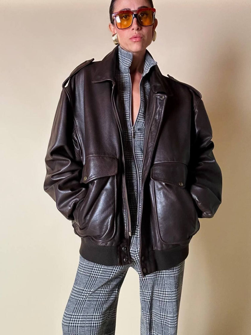 Bomber aviator oversize in pelle testa di moro