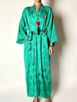 Green rayon jacquard kimono robe with multicolor embroidery