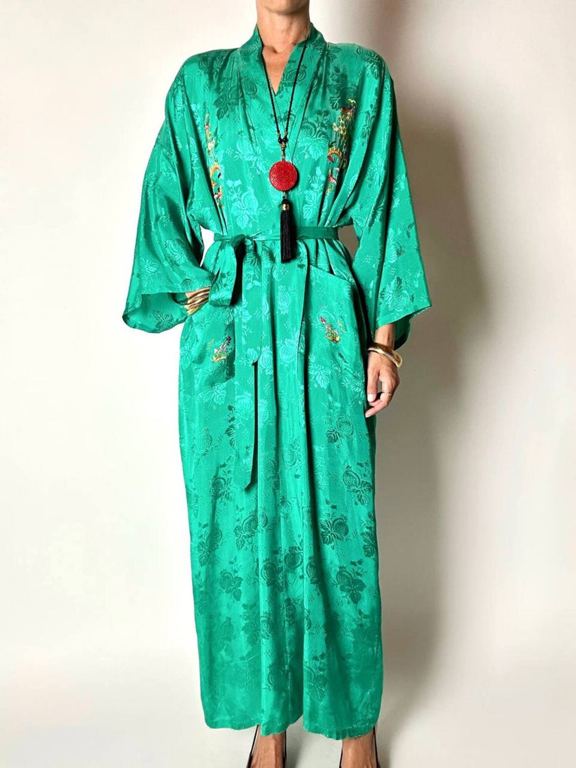 Green rayon jacquard kimono robe with multicolor embroidery