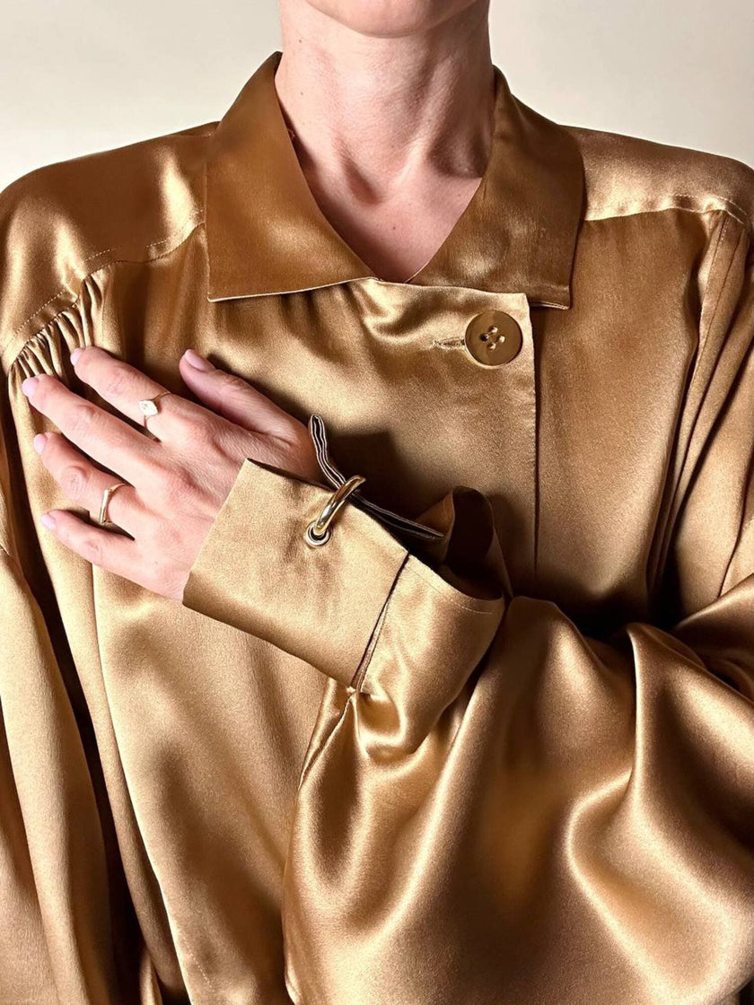 Blusa vintage Baila in seta bronzo con dettaglio gioiello nei polsi