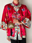 Giacca kimono vintage cinese in raso di seta rossa ricamata a mano
