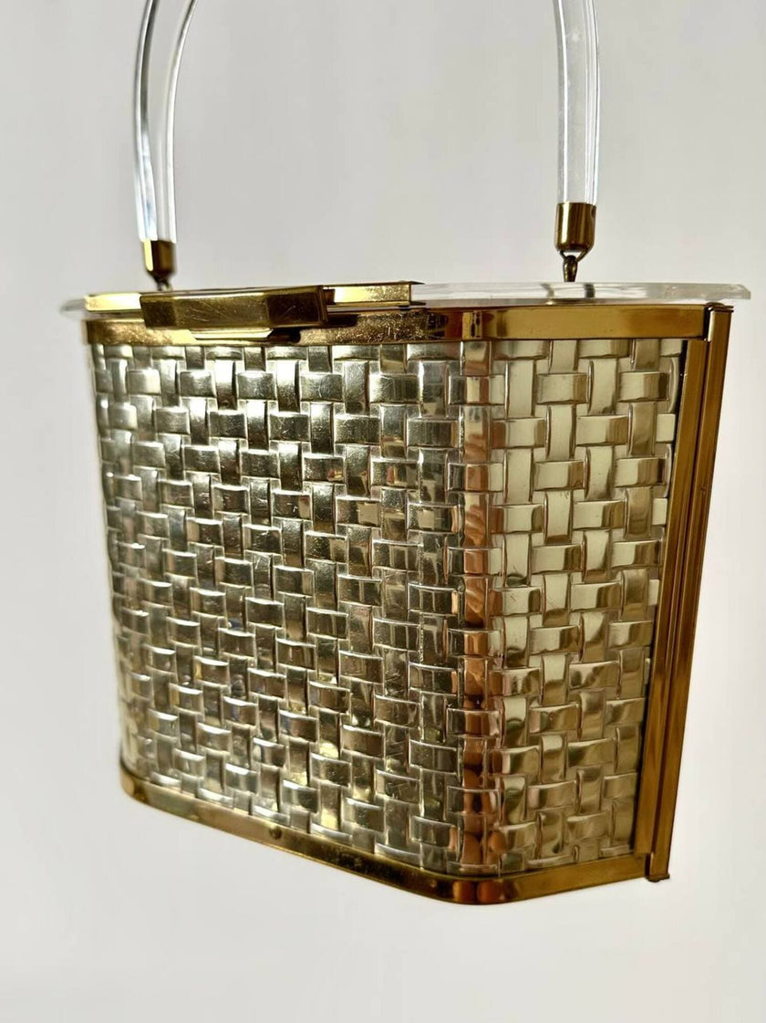 Box Bag vintage in lucite e metallo dorato effetto intrecciato