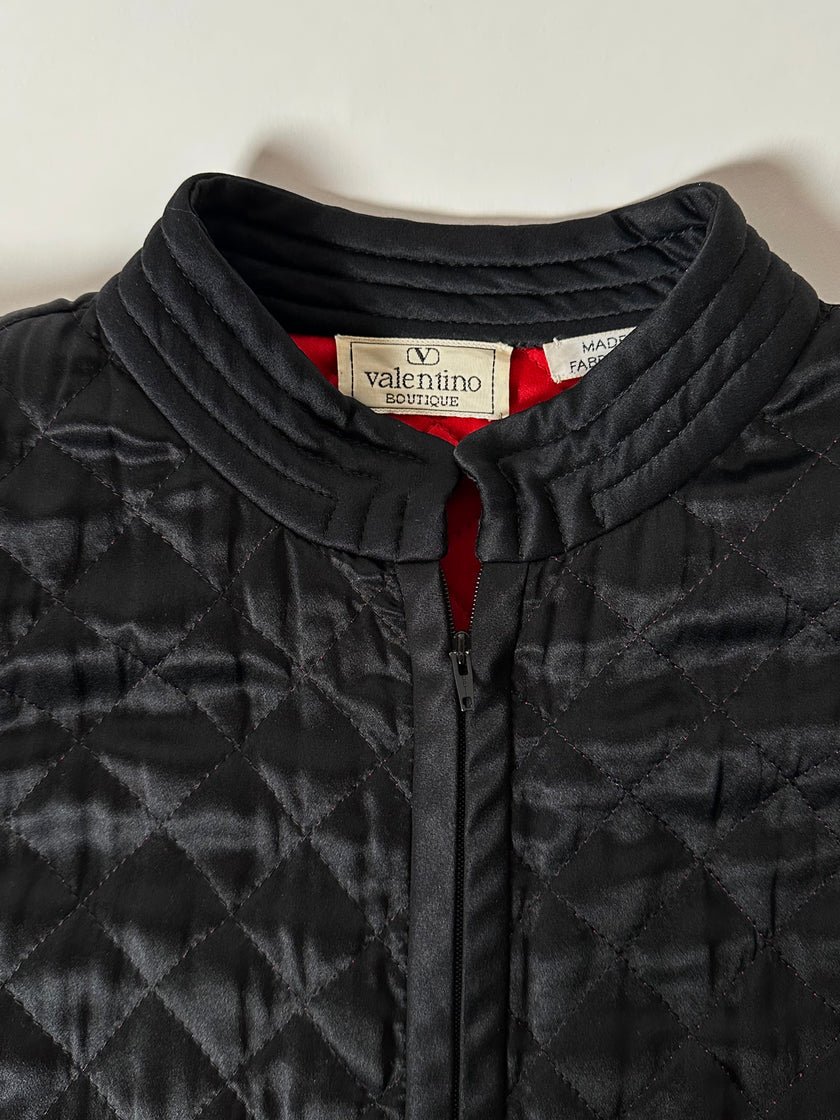 Bomber vintage Valentino Boutique in raso di seta nera trapuntato con fodera rossa