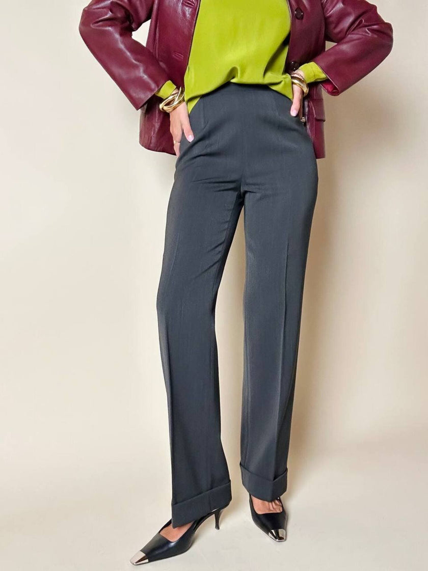 Pantalone a vita alta con piega in misto lana verde scuro grigiastro