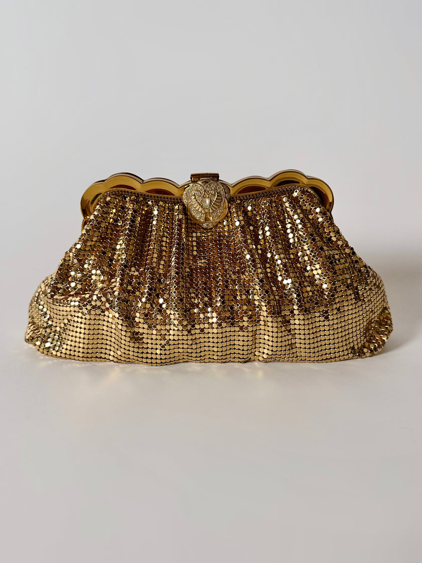 Pochette vintage Jays of Bond Street in maglia metallica dorata con chiusura gioiello