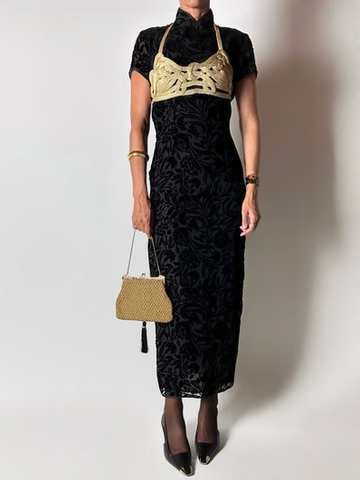 Abito qipao vintage in velluto di seta dévoré con alamari