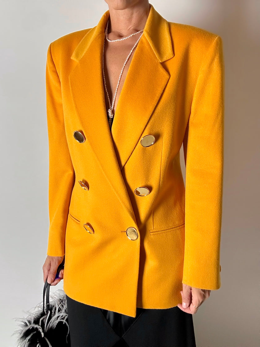 Blazer vintage Genny in cashmere giallo becco d’oca con bottoni gioiello dorati