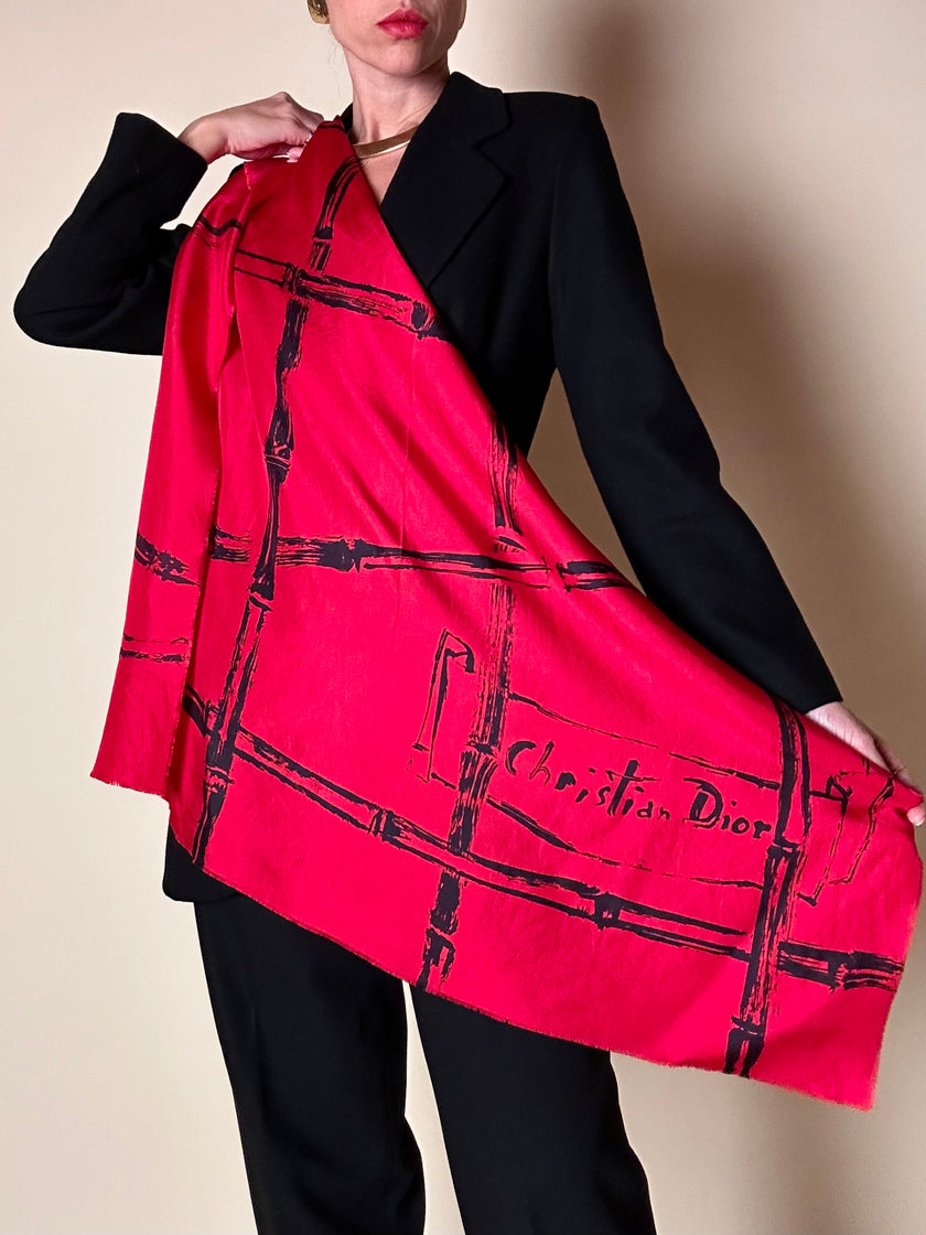Foulard vintage Christian Dior in seta rossa con stampa bambù nera e maxi firma