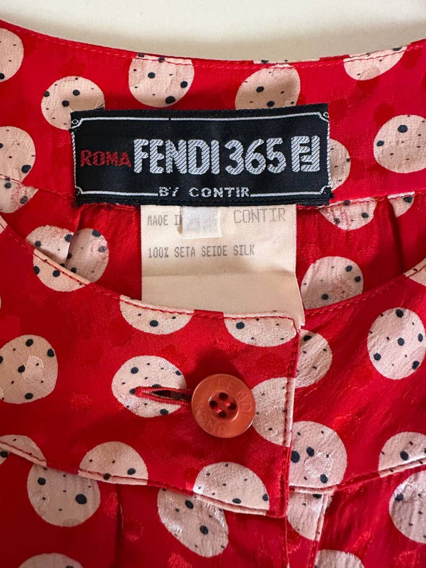 Mini abito rosso in seta jacquard a pois con fusciacca in coordinato “Fendi”