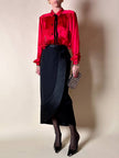 Gonna tulip nera in rasato di lana con riporti in raso “Guy Laroche”