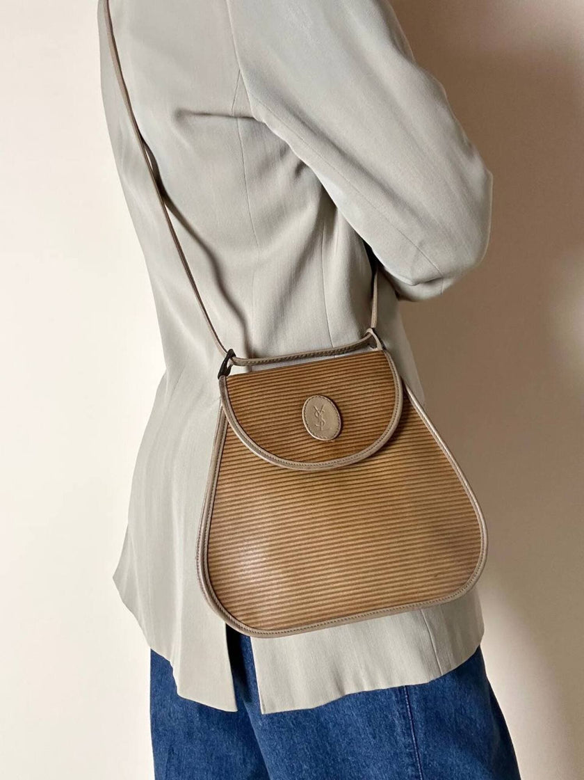 Borsa Yves Saint Laurent in tessuto plastificato millerighe color cammello con riporti in pelle argilla