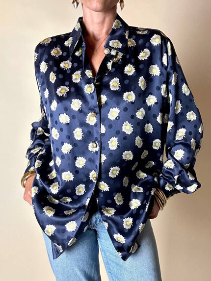 Camicia in raso di seta Jaquard blu notte fantasia margherite