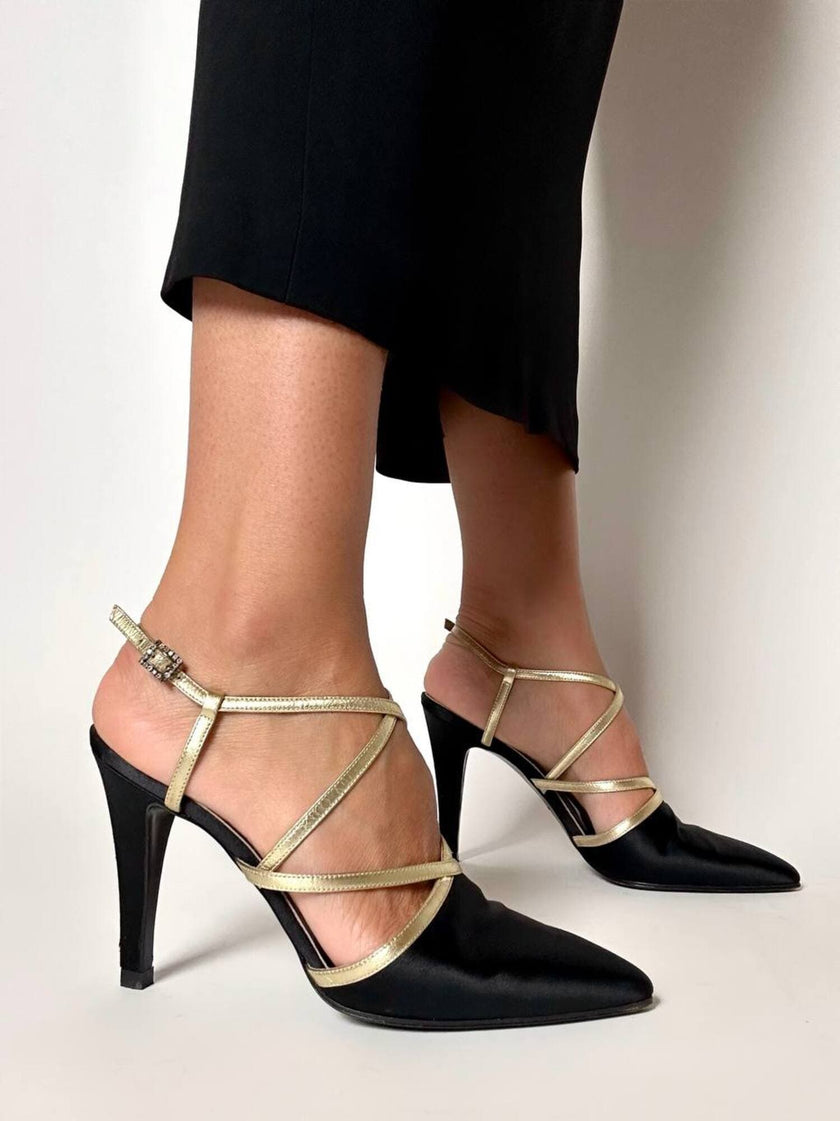 Sandali vintage Yves Saint Laurent in raso di seta nero e pelle laminata oro