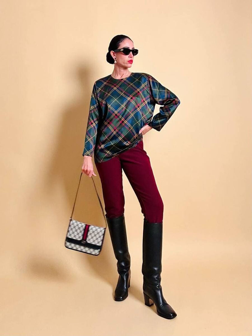 Blusa in raso di seta tartan 