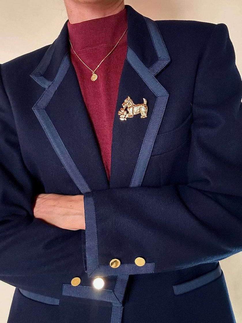 Blazer in lana blu con profili in gros grain “Gibò Firenze”