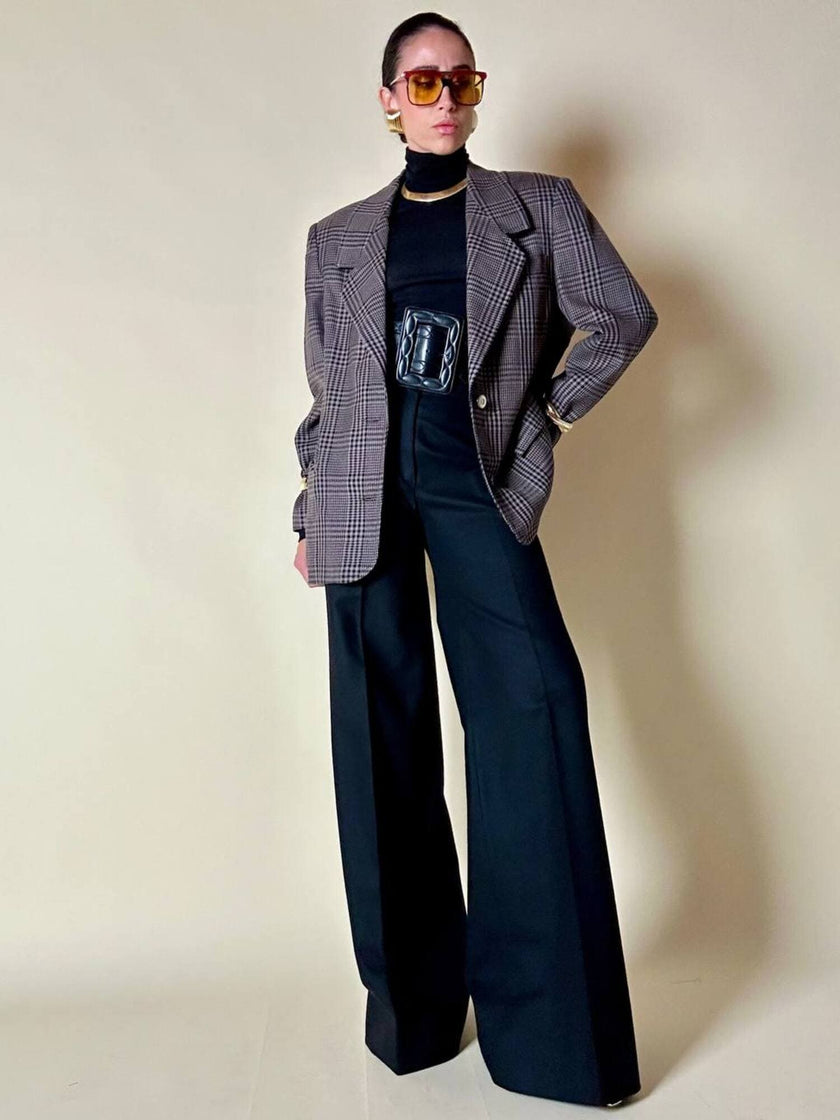 Blazer sartoriale in rasato di lana principe di Galles fango e nero