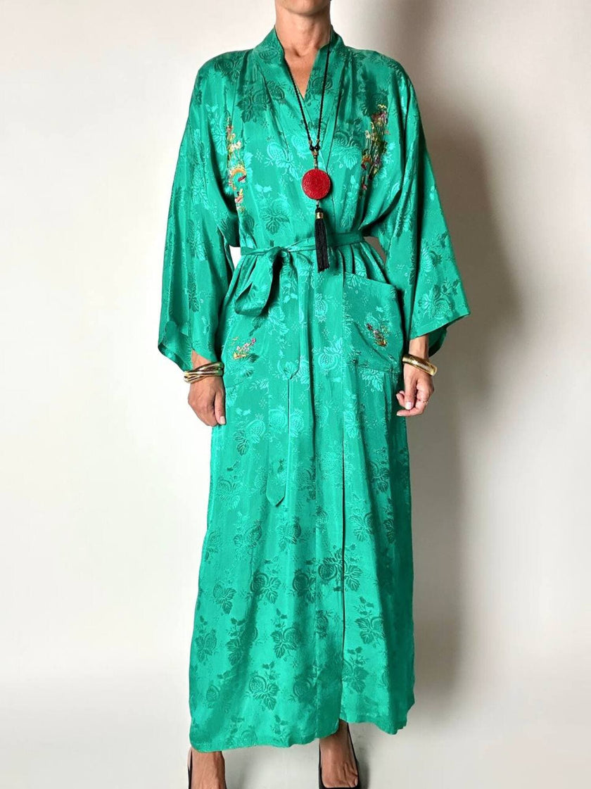 Green rayon jacquard kimono robe with multicolor embroidery