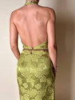 Abito vintage sartoriale con scollo all’americana in seta jacquard verde acido fantasia floreale