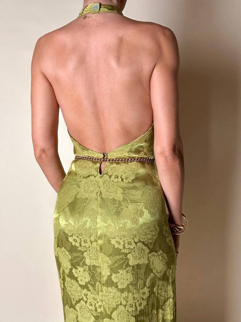 Abito vintage sartoriale con scollo all’americana in seta jacquard verde acido fantasia floreale