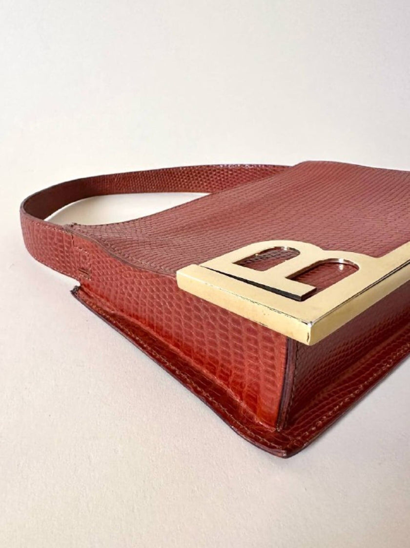 Borsa Laura Biagiotti in pelle stampa lizard color cognac con iniziali BL