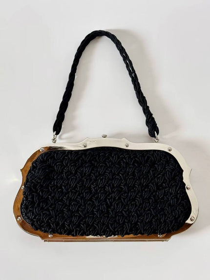 Borsa da sera vintage Art Déco in crochet  nero con montatura in metallo argentato