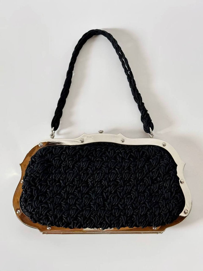 Borsa da sera vintage Art Déco in crochet  nero con montatura in metallo argentato