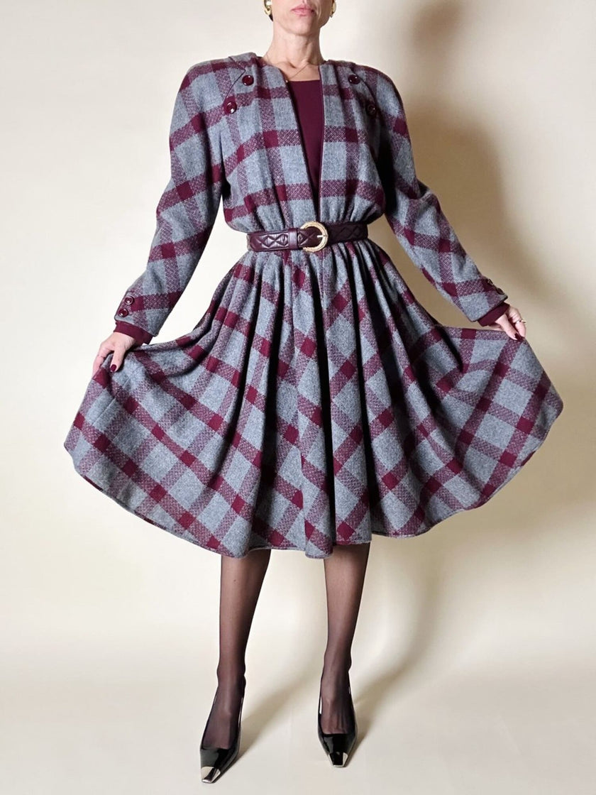 Abito Velentino Boutique in lana fantasia check grigio e bordeaux