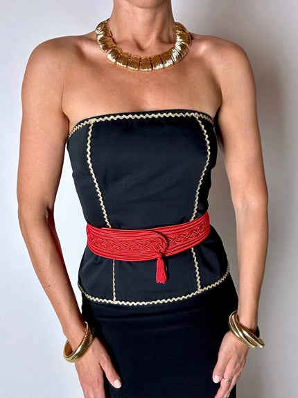 Bustier vintage Yves Saint Iaurent in tessuto nero rifinito con serpentina in lamé oro