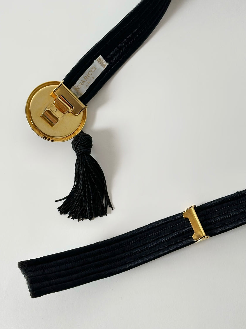 Cintura vintage Nina Ricci Paris in passamaneria elastica nera con fibbia gioiello e nappa couture
