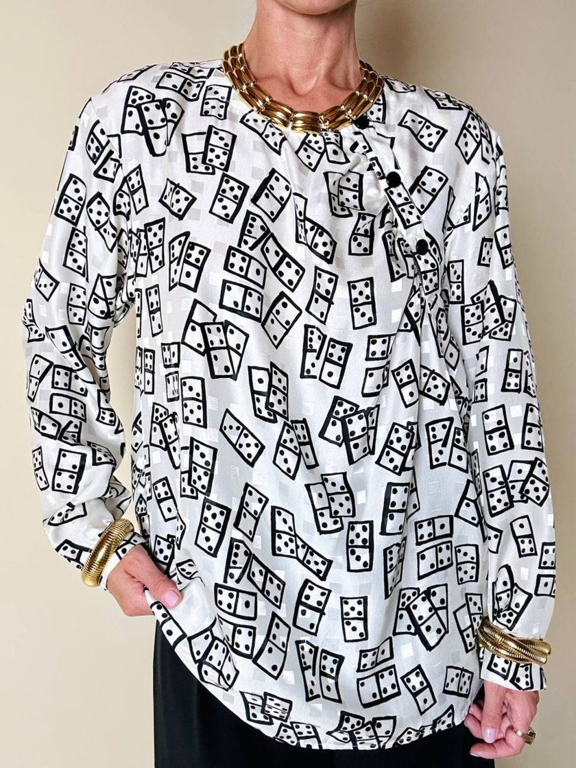 Blusa Yves Saint Laurent in tessuto jacquard bianco e nero fantasia Domino