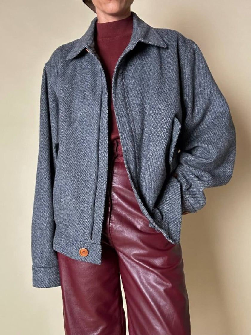 Bomber Yves Saint Laurent in lana grigio mélange con bottoni color cuoio